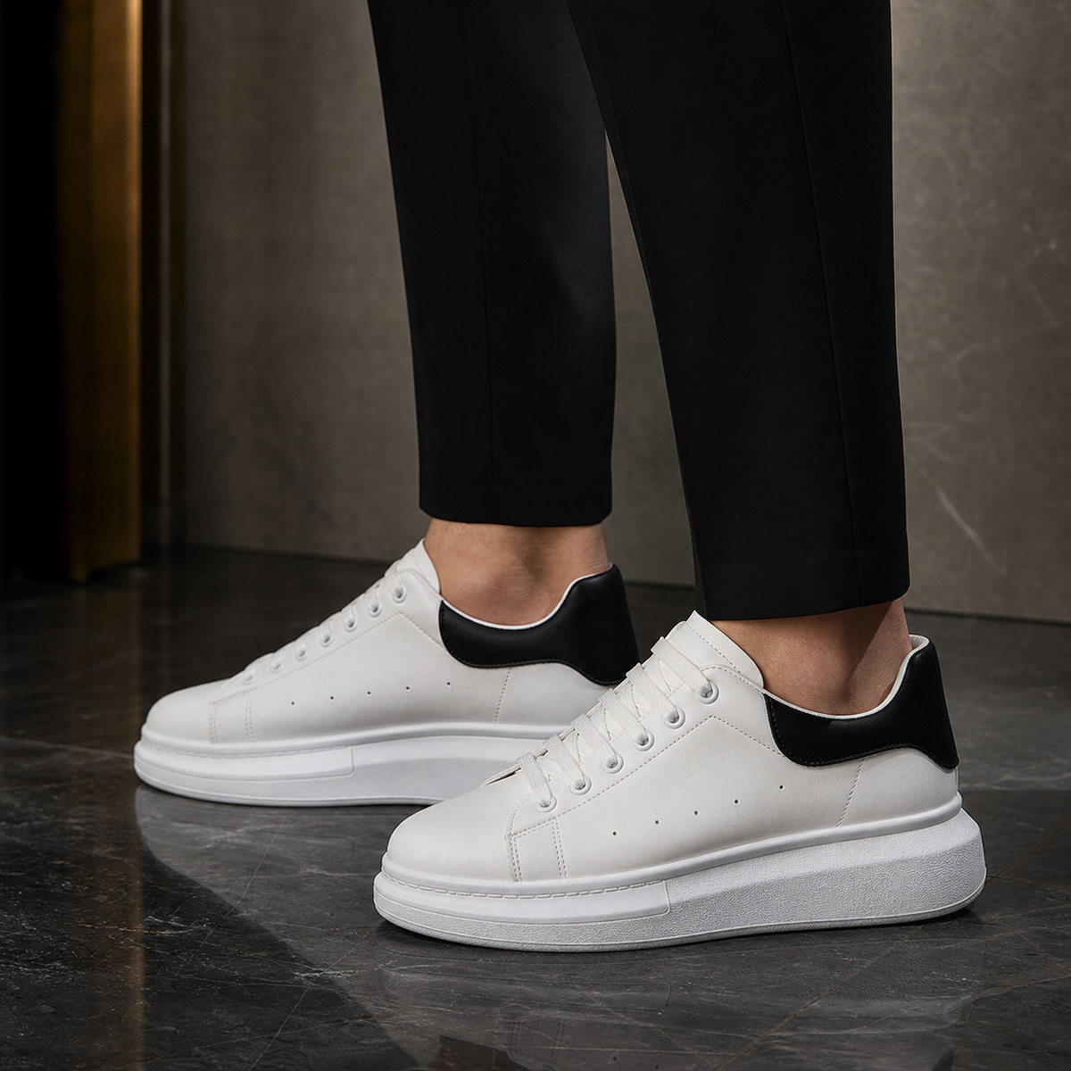 Men's White Platform Sneakers with Cushioned Thick Sole