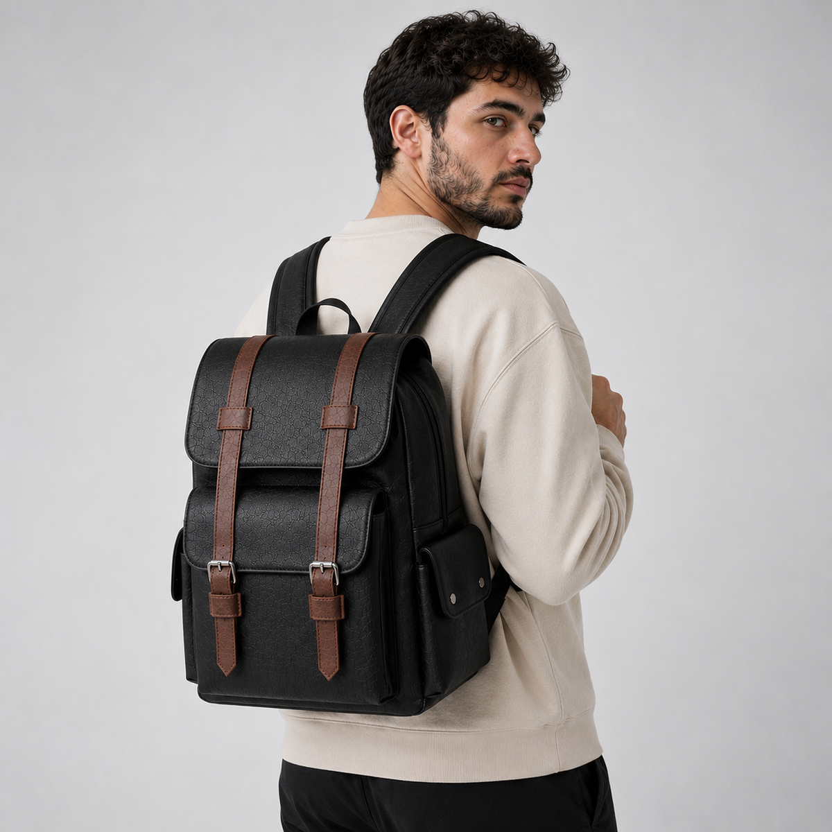 Men's PU Leather Laptop Backpack – 15.6" Business Travel Backpack