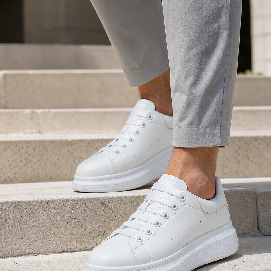 Men's White Platform Sneakers with Cushioned Thick Sole