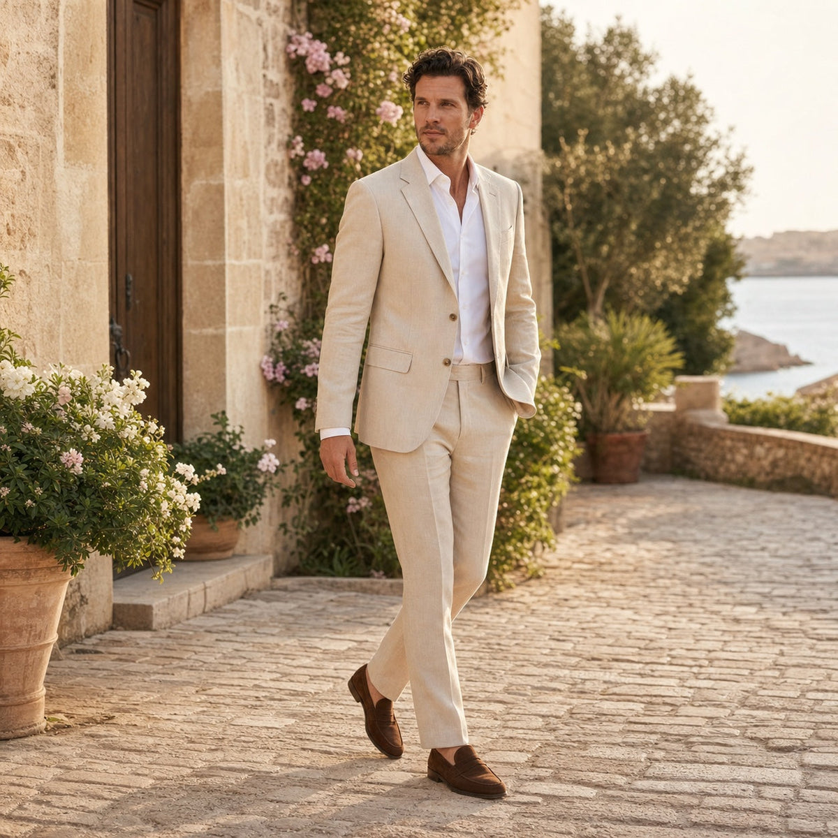 Men's Beige Linen-Blend Tailored Summer Suit Set for Weddings