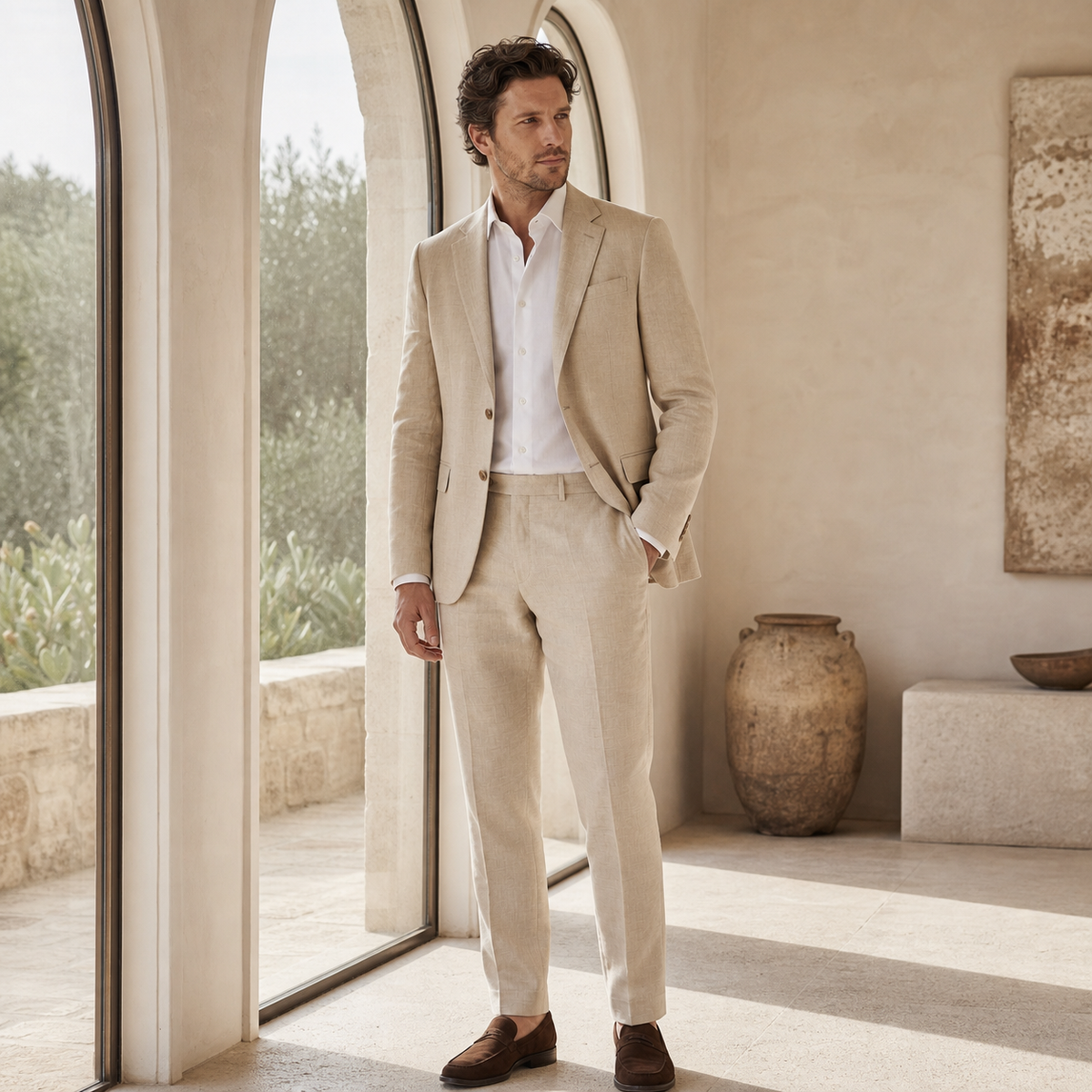 Men's Beige Linen-Blend Tailored Summer Suit Set for Weddings