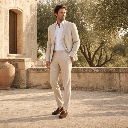 Men's Beige Linen-Blend Tailored Summer Suit Set for Weddings